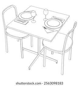 Restaurant furniture, Trendy dinner table and chairs set hand drawn outline doodle icon. Flat design. Vector sketch illustration for print, mobile graphic and infographics isolated on white background