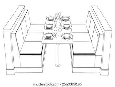 Restaurant furniture, Trendy dinner table and chairs set hand drawn outline doodle icon. Flat design. Vector sketch illustration for print, mobile graphic and infographics isolated on white background