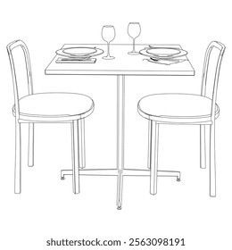 Restaurant furniture, Trendy dinner table and chairs set hand drawn outline doodle icon. Flat design. Vector sketch illustration for print, mobile graphic and infographics isolated on white background