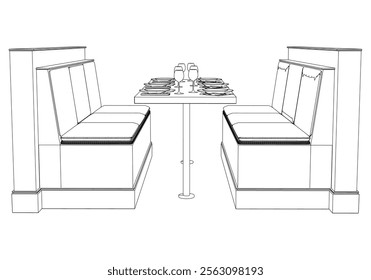 Restaurant furniture, Trendy dinner table and chairs set hand drawn outline doodle icon. Flat design. Vector sketch illustration for print, mobile graphic and infographics isolated on white background