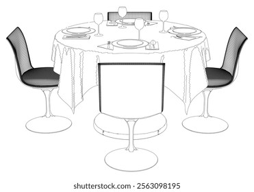 Restaurant furniture, Trendy dinner table and chairs set hand drawn outline doodle icon. Flat design. Vector sketch illustration for print, mobile graphic and infographics isolated on white background