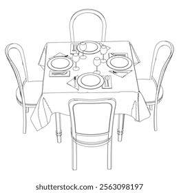 Restaurant furniture, Trendy dinner table and chairs set hand drawn outline doodle icon. Flat design. Vector sketch illustration for print, mobile graphic and infographics isolated on white background