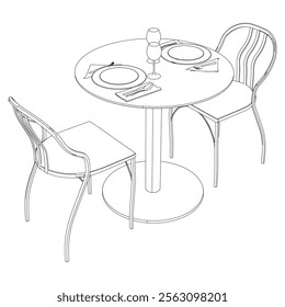 Restaurant furniture, Trendy dinner table and chairs set hand drawn outline doodle icon. Flat design. Vector sketch illustration for print, mobile graphic and infographics isolated on white background