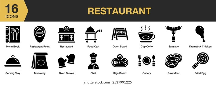 Conjunto de iconos de glifo de restaurante. Icono de trazo editable Colección. Incluye Carrito de comida, huevo frito, libro de menú, pensión abierta y más. Colección de Vector de iconos sólidos.