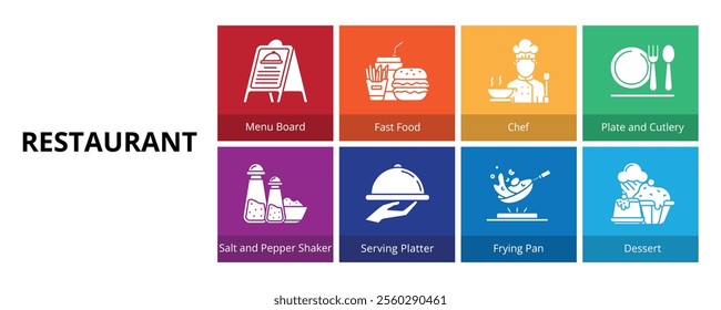 Restaurant Glyph Solid Banner Web Icon Set Vector Illustration