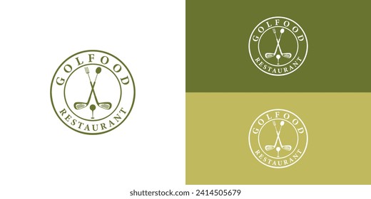 Restaurant Golf Bar Vintage with Ball and Fork logo design presented with multiple background colors. The logo is also suitable for a golf restaurant logo design inspiration template