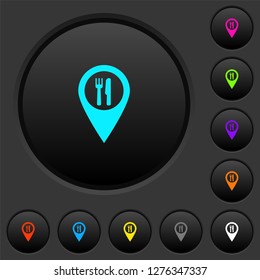 Restaurant GPS map location dark push buttons with vivid color icons on dark grey background