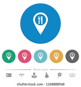 Restaurant GPS map location flat white icons on round color backgrounds. 6 bonus icons included.