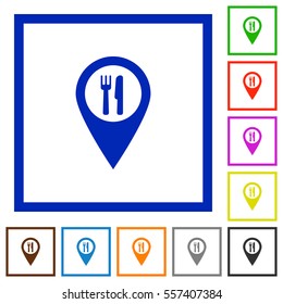 Restaurant GPS map location flat color icons in square frames on white background