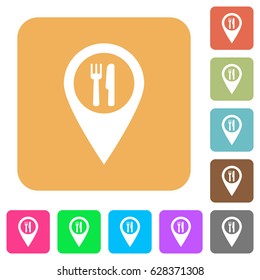 Restaurant GPS map location flat icons on rounded square vivid color backgrounds.