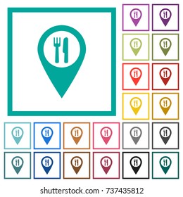 Restaurant GPS map location flat color icons with quadrant frames on white background