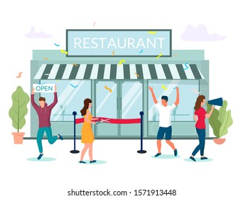 Restaurant Grand Opening Ceremony, Vector Illustration. Restaurant Business Launch Event Celebration Concept For Web Banner, Website Page Etc.