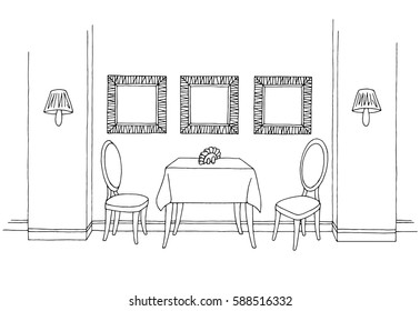 Restaurant Graphic Black White Interior Sketch Illustration Vector