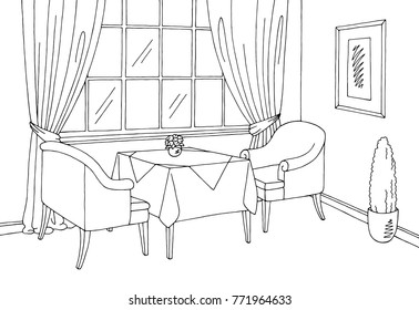 Restaurant Graphic Black White Interior Sketch Illustration Vector