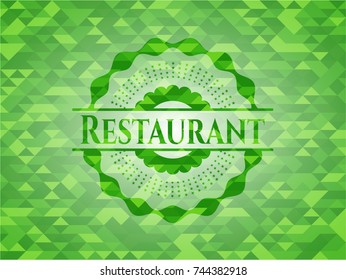 Restaurant green emblem. Mosaic background