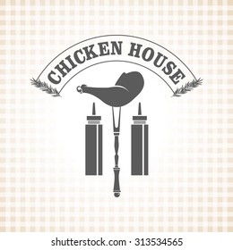 Restaurant grill and barbecue menu, chicken leg quarter on a fork and ketchup, vector logo