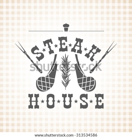 Restaurant grill and barbecue menu, steak house, meat and a sprig of rosemary, vector logo