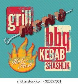 Restaurant grill menu typographic design. Retro grunge vector illustration.