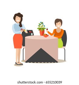 Restaurant guest vector illustration. Visitor female with wineglass sitting at table and waitress filling wine glass flat style design elements isolated on white background.