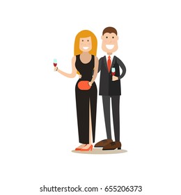 Restaurant guests vector illustration. Visitors man and woman with wineglasses flat style cartoon characters isolated on white background.