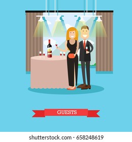 Restaurant guests vector illustration. Visitors man and woman standing next to table with wine bottle and wineglasses. Restaurant interior. Flat style design.