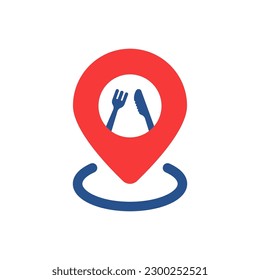 restaurant guide icon like red pin with knife and fork. flat simple style trend modern minimal logotype graphic art design web element isolated on white. concept of cafe or bistro point location label