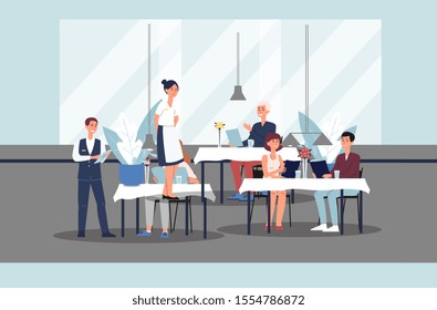 Restaurant hall with people cartoon characters - visitors sit at tables ordering food and waiters, flat vector illustration. Men and women on cafe interior background.