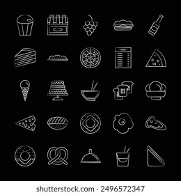 Restaurant Hand Drawn Icons Set For Infographics Carrot Food Vegetable Meal Bottle Food Meal Mustard icons on black background Vector editable