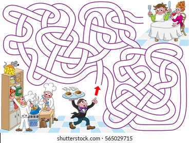 Restaurant. Help restaurant waiter to find a path to hungry guests. Labyrinth for kids. Landscape, easy.