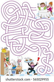 Restaurant. Help restaurant waiter to find a path to hungry guests. Labyrinth for kids.  Portrait, easy.