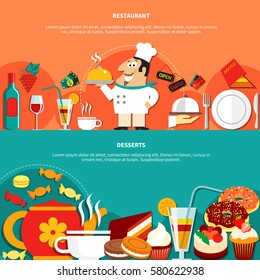 Restaurant horizontal banners with flat compositions of food and drinks images sweets cook character with text vector illustration