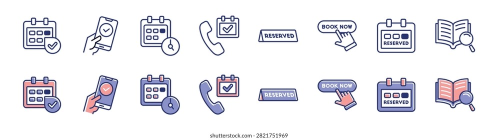Restaurant hospitality table reservation icon line set cafe eatery schedule booking calendar availability online reservation check symbol vector illustration
