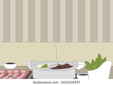 restaurante, olla caliente, verduras y carne - ilustración plana 