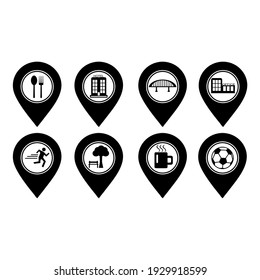 Restaurant, Hotel, Bridge, Office, Run Man, Rest Area, Coffee Shop and Soccer Location Icon Set. Vector Illustration.