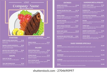 Restaurante Hotel Menú Diseño de Plantilla Púrpura Comida Menú Tarjeta Vector