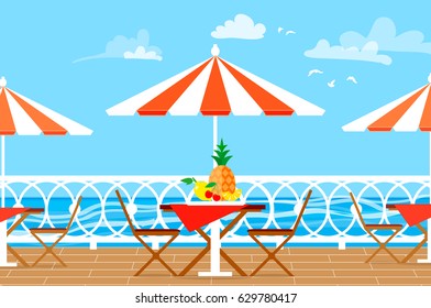 Restaurant House Patio With Garden Chairs and Table with umbrella on the terrace balcony. View over the sea. Water landscape. Picnic with pineapple,cherry,lemon. Flat style vector illustration.