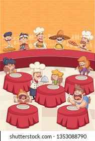 Restaurant with hungry clients on tables and cartoon chefs cooking and holding tray with food. 
