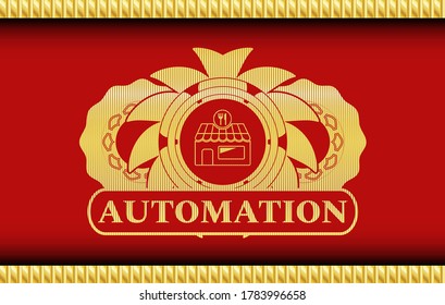 restaurant icon and Automation text Red and Gold realistic emblem. Traditional chic background. Illustration. 