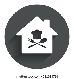 Restaurant icon. Chef hat sign. Cooking symbol. Cooks hat with fork and spoon. Circle flat button with shadow. Modern UI website navigation. Vector