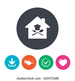 Restaurant icon. Chef hat sign. Cooking symbol. Cooks hat with fork and spoon. Download arrow, handshake, tick and heart. Flat circle buttons.