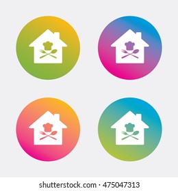 Restaurant icon. Chef hat sign. Cooking symbol. Cooks hat with fork and spoon. Gradient flat buttons with icon. Modern design. Vector