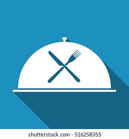 Restaurant icon with cloche and crossed fork and knife flat icon with long shadow. Vector Illustration