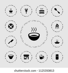 Restaurant icon. collection of 13 restaurant filled icons such as pepper, barbeque, soup, sausage, bowl, butcher knife, bbq. editable restaurant icons for web and mobile.