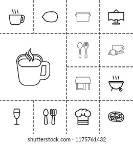 Restaurant icon. collection of 13 restaurant outline icons such as fork and spoon, lemon, tea, pizza, wine glass, chef hat. editable restaurant icons for web and mobile.