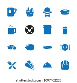 Restaurant icon. collection of 16 restaurant filled icons such as lemon, taco, french fries, tea cup, dish, hat and bow, pan. editable restaurant icons for web and mobile.