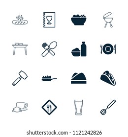Restaurant icon. collection of 16 restaurant filled and outline icons such as taco, chef hat, pan-fry, menu, corolla, knife. editable restaurant icons for web and mobile.