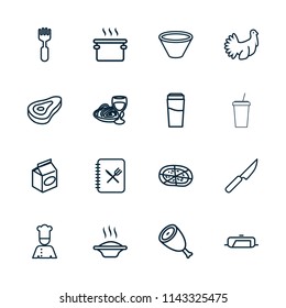 Restaurant icon. collection of 16 restaurant outline icons such as beef, pan, drink, soup, pizza, pasta and wine glass, fork. editable restaurant icons for web and mobile.