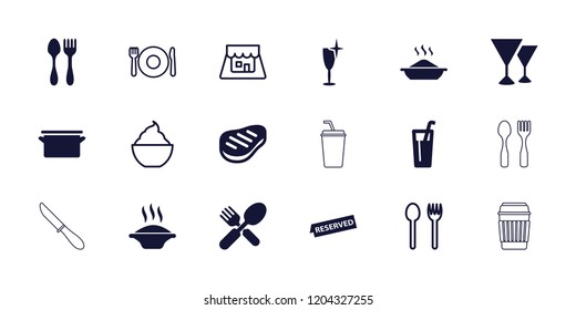 Restaurant icon. collection of 18 restaurant filled and outline icons such as soup, beef, reserved, drink, milkshake, shop, pan. editable restaurant icons for web and mobile.