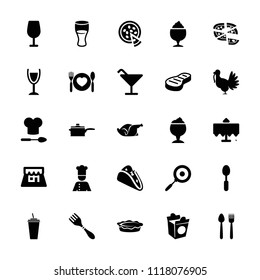 Restaurant icon. collection of 25 restaurant filled icons such as cocktail, taco, drink, pizza, milkshake, pie, take away food. editable restaurant icons for web and mobile.