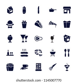 Restaurant icon. collection of 25 restaurant filled icons such as taco, pizza, take away food, knife, sausage. editable restaurant icons for web and mobile.